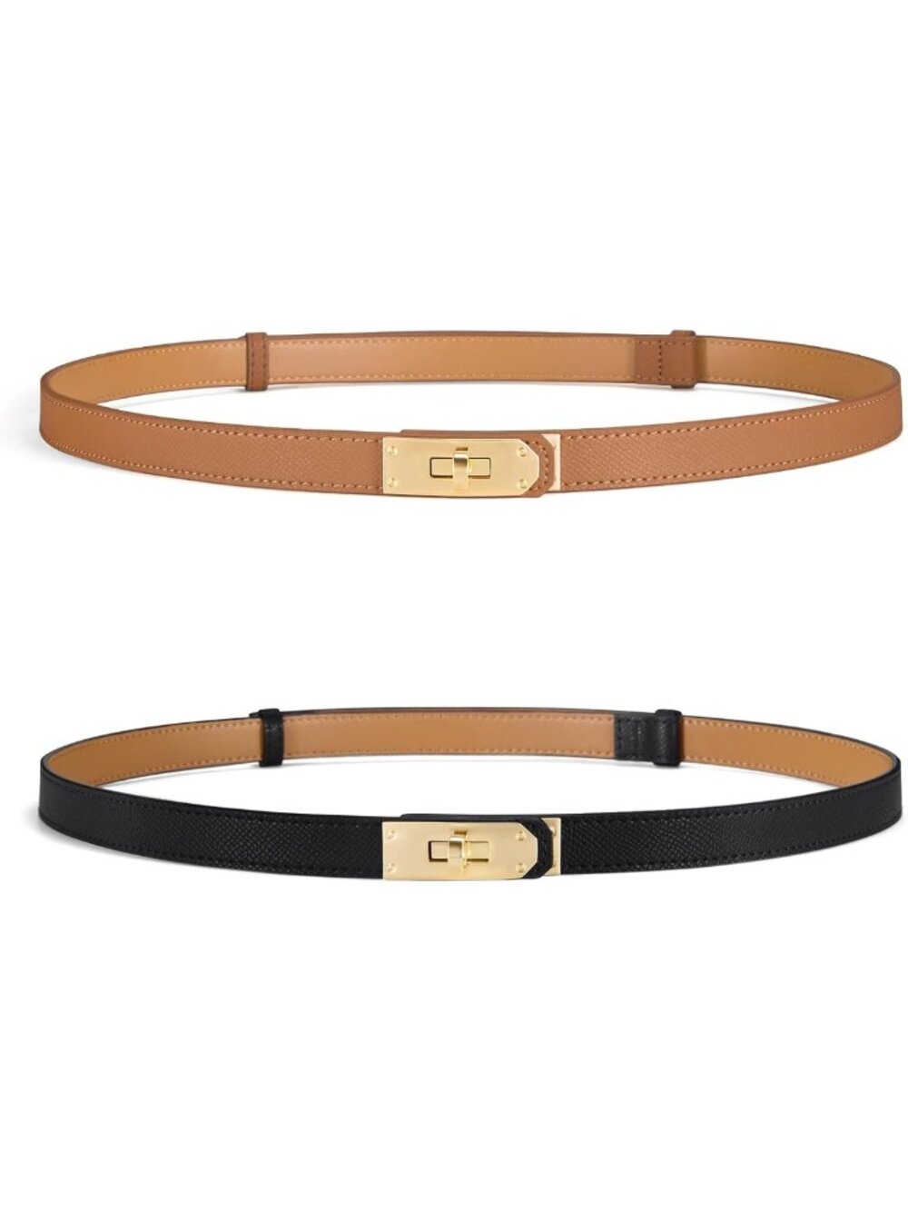 Adjustable Skinny Leather Belt with Gold Buckle - Perfect for Dresses & Jeans